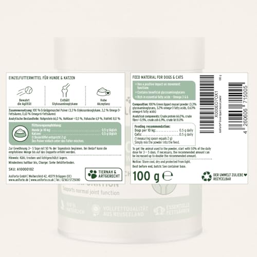 AniForte Grünlippmuschelpulver für Hunde & Katzen 100g - VERGLEICHSSIEGER 2023 Gelenkpulver in Vollfettqualität, unterstützt Gelenke & Agilität, Grünlippmuschel Pulver mit hoher Akzeptanz