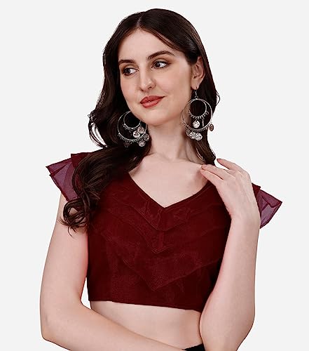Image of Pujia Mills Women's V Neck Orgenza Three Layer Ruffle Sleeve Frill Readymade Saree Blouse
