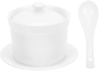 Luxshiny White Ceramic Stew Bowl Set with Lid, 4.92 Inch Soup Crock with Spoon Saucer, Small Steaming Pot, Porcelain Ramen Noodle Bowl for Home Restaurant, Microwave Oven Dishwash Safe