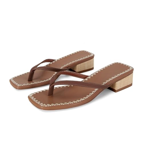 Image of DOEYG Raffia Heels Sandals Summer Beach Flip Flops Heels Square Open Toe Heeled Sandals Dressy Comfortable Slip on Thong Sandal