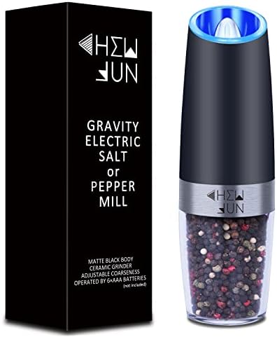 Gravity Pepper Mill or Salt Mill with Adjustable Coarseness Automatic Pepper Mill Battery Powered with Blue LED Light,One Hand Opetated Brushed Stainless Steel by CHEW FUN