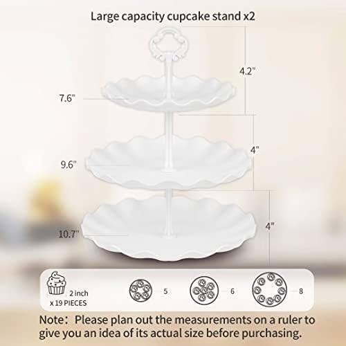 NWK Pack of 2 Large Stable 3-Tier Cupcake Stand 30cm Height Plastic Cake Stand Food Round Display for Wedding Birthday Graduation Afternoon Tea Party (White)