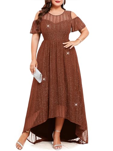Image of ZOMVA Plus Size Sparkly Mesh Maxi Dress Cold Shoulder Ruffle Sleeve High Low A Line Dresses Wedding Guest Cocktail Party