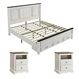 AMERLIFE Farmhouse Bedroom Furniture Set, Includes 2 Nightstands with Charging Station and 1 King Size Wood Platform Bed Frame with Panel Headboard, Storage Drawers, No Box Spring Needed, Rustic White
