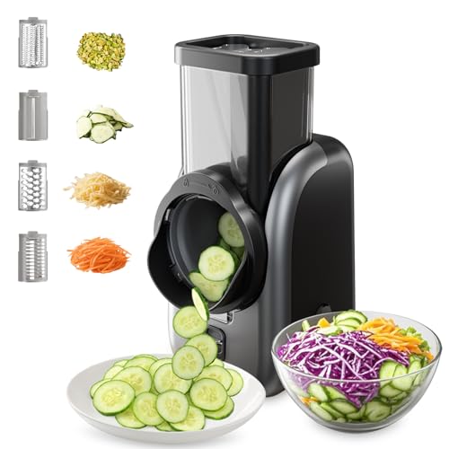 Electric Vegetable Slicer and Cheese Grater, Multifunctional Rotary Cutter with 4 Stainless Steel Blades for Potatoes Carrots Cucumbers Fruits Salad etc.