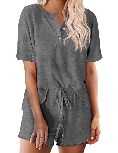Image of Ekouaer Pajamas Set for Women Short Sleeve Lounge Set 2 Piece Loungewear PJs Soft Cute Lightweight Sleepwear
