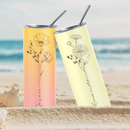 Image of Personalized Tumblers with Names and Birth Flower, Custom Stainless Steel Skinny Tumbler with Straw, 15 Colors - 20 Oz, Personalized Birthday Gifts for Women Mom