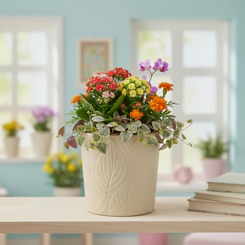 Image of Xtore Graceful Textured Ceramic Planter Pot for Indoor Plants | Nature-Inspired Leaf Pattern Flower Pot for Home, Office Desk & Balcony Decor (Beige - Planter only)
