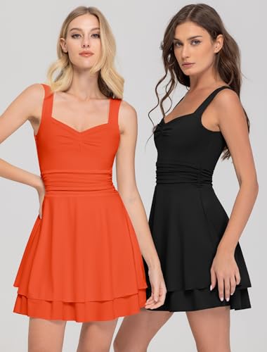 Image of IWD Women's Square Neck Sleeveless Mini Dress Ruched Waist Tiered Ruffle Hem A Line Short Dresses