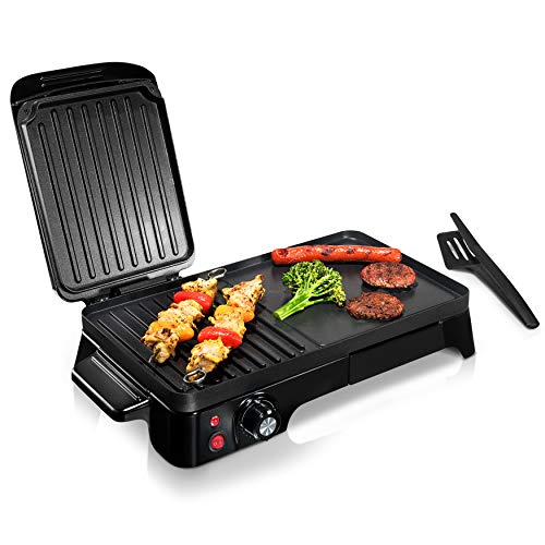 NutriChef Electric Griddle - Dual Hot Plate Cooktop Crepe Maker with Press Grill, Nonstick Coating, Rotary Temperature Control, Plug-in Operation & Oil Tray for Kitchen & Countertop (PKGRIL43)