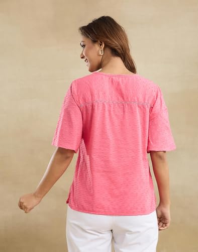 Haut en coton rose vêtement été col V texture Dobby - 4
