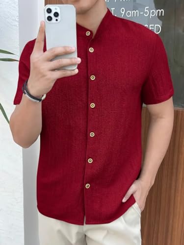 Image of Men's Solid Textured Half Sleeve Shirt with Stylish Buttons | Band Collar Casual Shirt for Summer Wear