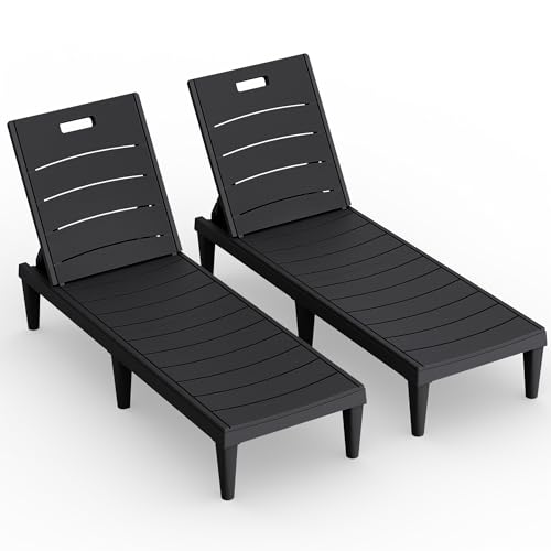 Greesum Outdoor Chaise Lounge Chair Set of 2, Waterproof 5-Position Adjustable PP Sun Loungers for Patio, Poolside, and Beach Sunbathing, Black
