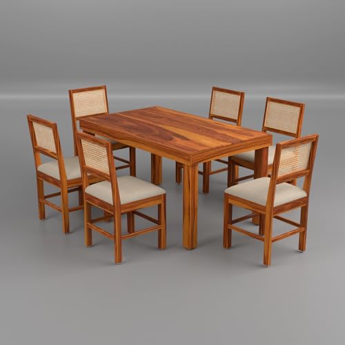 Image of Solid Sheesham Wood 6 Seater Dining Table Set with Cushioned Chairs for Dining Room | Living Room | Home & Office | Hotels Restaurant & Cafe (6 Seater, Honey Finish)