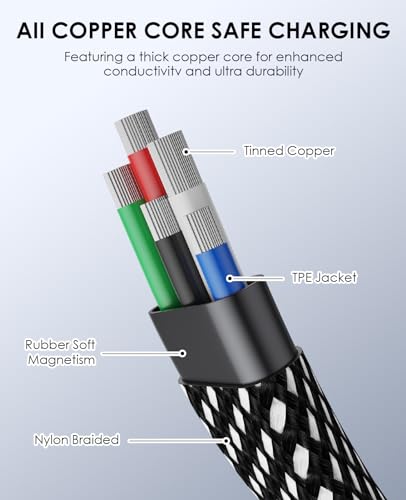Magtame USB C Cable, Magnetic USB C to USB-C Cable 60W(3A), Flat Coiled Charger Cables 3.3ft, Nylon Braided Type C Fast Charging Cord Compatible for iPhone 15 Pro Plus Max USB C Device Samsung, Black