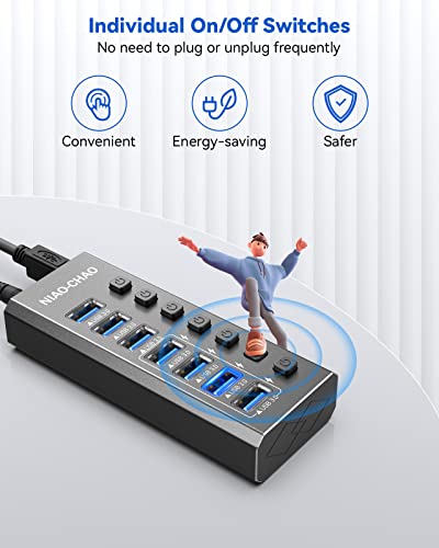 Powered Usb Hub [Durable Aluminum] 7-Port Usb Hub 3.0 Powered, Individual Switch Buttons Smart Charging Usb Port Expander Fit For External Hard Drive Gaming Laptop Desktop Pc #TOP4