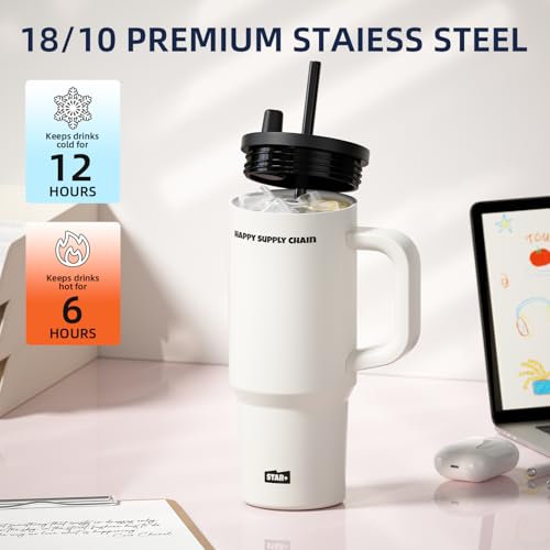 Image of SDGA+ 24 oz Tumbler with Lid and Straw, Stainless Steel Travel Coffee Mug with Handle, Resuable Insulated Water Bottle, Portable Ice Coffee Cup for Women, White
