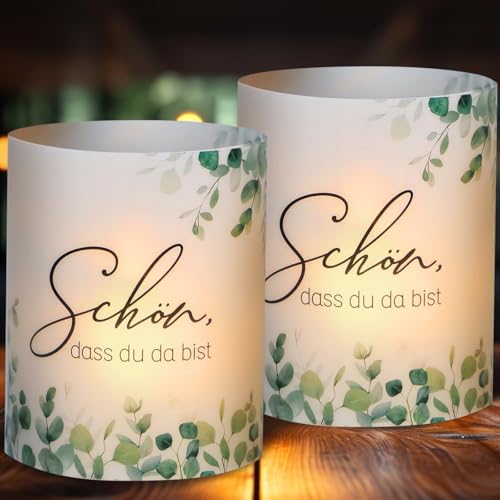 BETESSIN 12x Windlichter Tischdeko Hochzeit - Schön DASS du da bist - Lichthülle im Eukalyptus Design - Windlicht Tischdekoration für Geburtatsg, Hochzeit, Taufe, Babyparty, Konfirmation UVM.