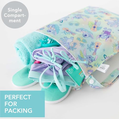 Bumkins Disney Waterproof Wet Bag for Baby, Travel, Swim Suit, Cloth Diapers, Pump Parts, Pool, Beach, Gym Clothes, Toiletry, Hook to Stroller, Daycare, Zipper Reusable Wetdry Packing Pouch, Stitch