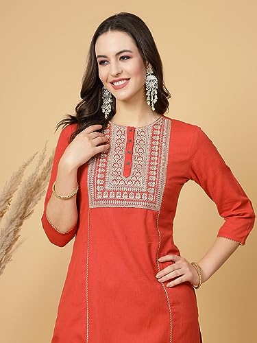 Image of Pistaa's Women's Cotton Relaxed Fit A Line Embroid A-Line Pattern Kurta