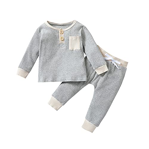 Image of HZYKOK Winter Newborn Baby Boy Girl Clothes Set Unisex Infant Ribbed Outfits Solid Cotton Long Sleeve Tops Pants 2PCS
