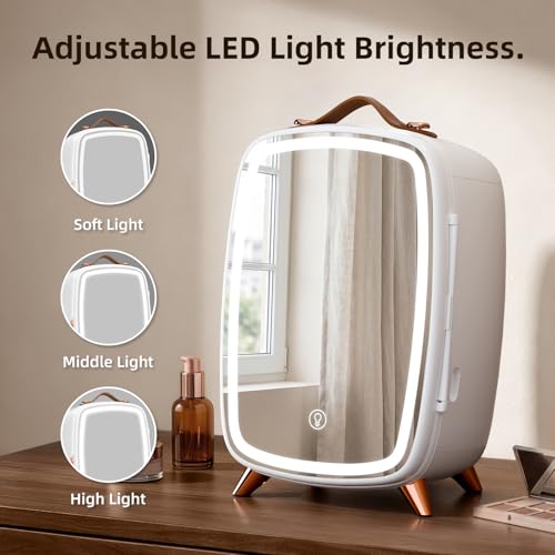 Image of Antarctic Star 6L /8 Cans Makeup Mini Refrigerator with Dimmable LED Light Mirror for Bedroom, Car, Office & Dorm,Portable Small Cooler for Cosmetics,Skin Care,WHITE