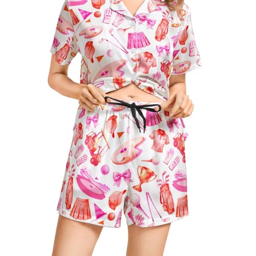 Image of Funny Pajamas for Women Set Print Satin Loungewear Pjs Short Sleeve Button Down Top and Shorts Sets Sleepwear XS-3XL