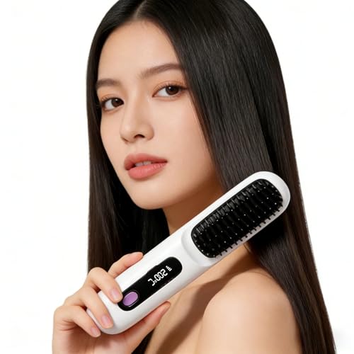 Image of Cordless Hair Straightener Brush for Women, Portable Travel Hair Straightener Brush, Ionic Ceramic Mini Hot Comb with Fast Heating, 3 Heat Settings, USB Rechargeable Anti-Frizz Styling Tool (White)