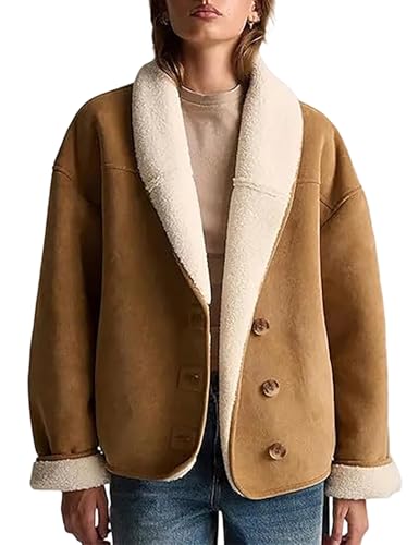 Design: vestibilità ampia, lunghezza corta, colletto con revers, tasche, chiusura con bottoni, fodera in pelliccia sintetica calda, giacca invernale in pelle scamosciata con fodera in sherpa