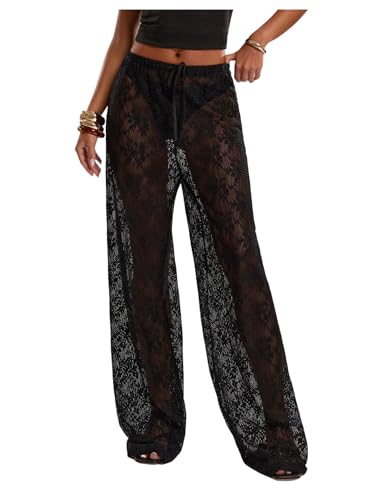 GORGLITTER Women's Lace Pants Sheer Mesh Floral Wide Leg Pants See Through Rave Bell Bottom