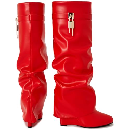 Image of Fold Over Boots for Women Pointy Pull-on Wedge Heel Knee Shark Boot With Side Zipper Padlock Design