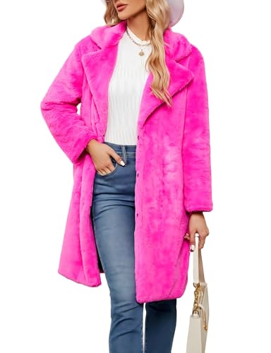 VOROFY Faux Fur Jacket Women Fuzzy Warm Winter Long Sleeve Lapel Collar Long Fur Coats Outerwear Overcoat (Rosered-XL)