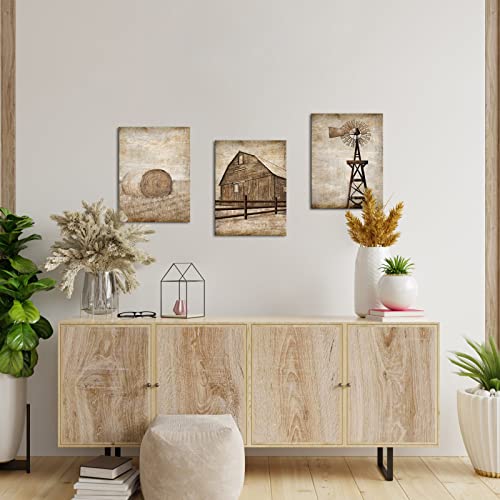 Apicoture Farmhouse Decor Canvas Prints - Brown Barn Windmill Art Wall Decor Countryside Landscape Paintings Picture Cabin Decor Framed 12"X16"X3 Panels #TOP2