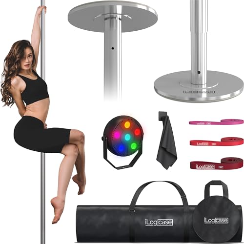 ILOGICASE Spinning Dancing Pole for Home | Portable and Heavy Duty 45mm Dance Pole Apartment Friendly, Adjustable Height 7ft to 11ft, w/Pole Conditioning Bands Set, LED Light and Carry Bags (Chrome)