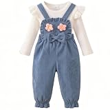 Eqenkely 3tlg Baby Mädchen Kleidung Outfits Set Blumen Strampler Tops+ Einstellbare Overalls Pants+Stirnband für 0-18 Monate