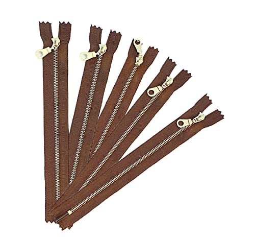 10 Pcs Black Tape Gold Brass Metal Gauge #3 Fancy Donut Pull Zippers Close End Zippers Bulk For Sewing Crafts Bags Purse[Kyezi Design & Craft] (Brown, 10 Inches) #TOP27