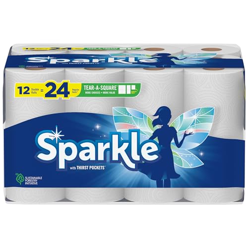 Sparkle Tear-A-Square Paper Towels, 12 Double Rolls = 24 Regular Rolls, Customizable Sheet Size Paper Towel