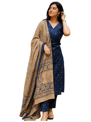 GoSriKi Kurta Set Women Viscose Printed | Kurti Set Woman | Kurta Pant Dupatta 3 Piece Outfit | V-Neck Elbow Length Sleeve Straight Fit Ethnic Wear Ladies Dress Stylish Traditional Clothing