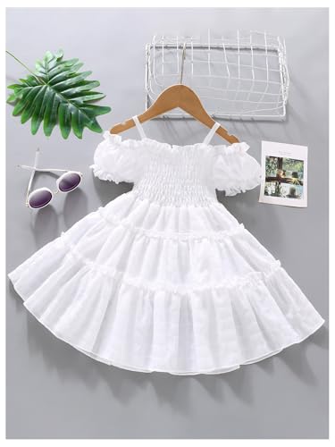 WDIRARA Toddler Girl's Cold Shoulder Puff Sleeve Smocked Swing A Line Dress2