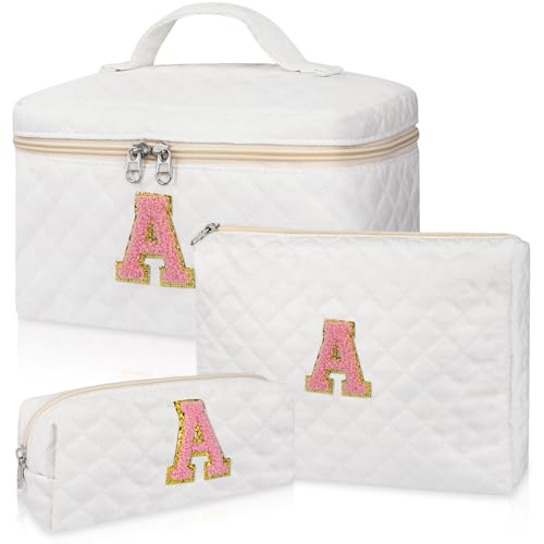 Makeup Bag,Quilted Make Up Bag,Large Initial Cosmetic Bag for Women, Cute Cotton Makeup Bags Set, Personalized Travel Toiletry Bag for Teen Girl Friend Sister Wife Girlfriend Gifts A