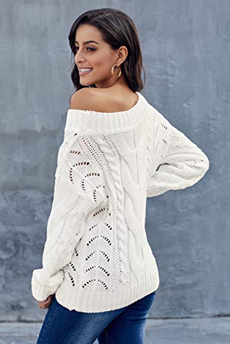Meufam Womens Off Shoulder Long Sleeve Crewneck Chunky Cable Knit Solid Color Loose Fit Pullover Sweaters3