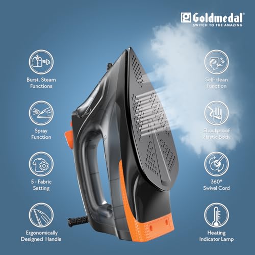 Image of Goldmedal Aura 1400W Steam Iron| Non-stick Premium Single Coated Soleplate| 5 Fabric Setting|1.8 Meter Cord|360 Swivel Cord| Indicator Lamp for Heating| 2.5 Years Warranty| Light Weight (Black)