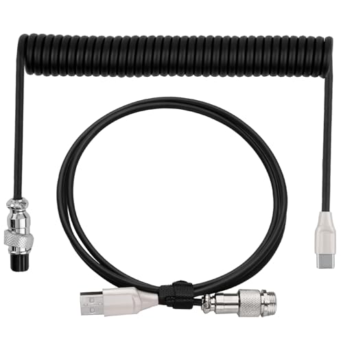 ltteea Coiled Keyboard Cable 1.8m,Type-C To USB A TPU Spring Mechanical Cable with Detachable Metal Aviator Connector Extendable Custom Coiled USB-C for PC Laptop Gaming Keyboard (Black)