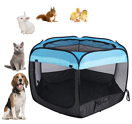 Portable Dog Playpen Cat Tent,Pop Up Playpen for Small Middle Dogs Cats Pet Tent Playground,Indoor Outdoor,37x37x24,Blue/Black,1Pack