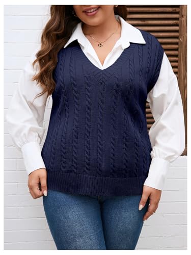 OYOANGLE Women's Plus Size Pullover Ribbed Solid Color Cable Knit Vest Top Sleeveless Stretch Sweater Vest3