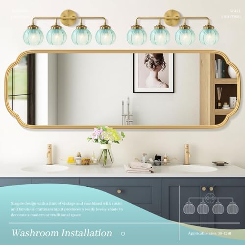 Image of 4 Light Glass Bathroom Lights Fixture Over Mirror, Gold Wall Sconce | Blue Glass Wall sconces Globe Vanity Light Mid Century Modern Hallway Bedroom Wall Lamp, 110V E26 Dimmable, Easy to install