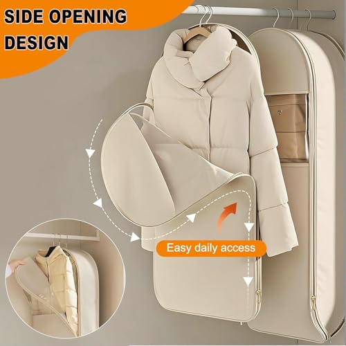 Space Saving Hanging Garment Bag with Self Compression Zipper, 2025 New Large Capacity Long Hanging Clothes Compression,Thick Satin Fabric Dust Cover Clothes Suit Bags for Coats, Down,Dress(Beige,XL)3