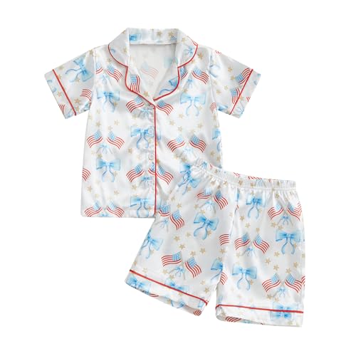 Kids Baby Girl Boy 4th of July Silk Pajamas Set Star Button Up Shirts Tops Shorts Independence Day Satin 2PCS Pj Set