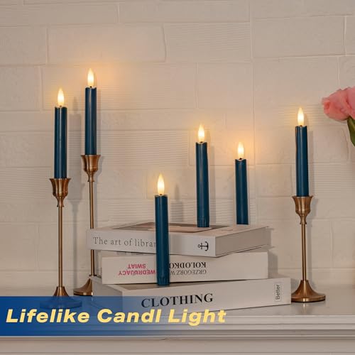 Image of Blue Flameless Taper Candles with Remote, Short Battery Operated LED Candles, 6.4inch Flickering Flameless Candlesticks for Table Centerpiece, Wedding, Mantel, Window Decor, Set of 6