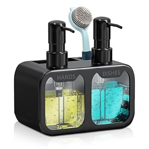 Dish Soap Dispenser and Hand Soap Dispenser Set with Sponge Caddy and Brush Holder – Organizer for Kitchen Sink – Useful Kitchen Gadgets – Black